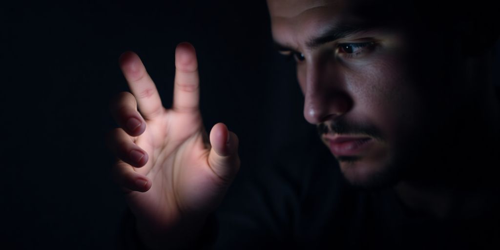 Man's hand reaching for glowing smartphone.
