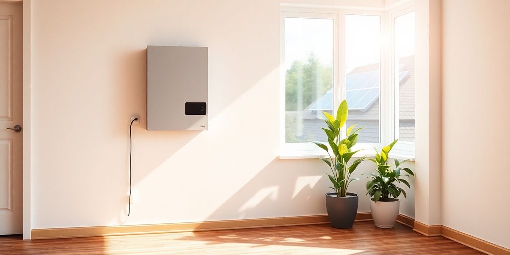 Thuisbatterij in woonkamerhoek naast raam met zicht op zonnepanelen buiten
