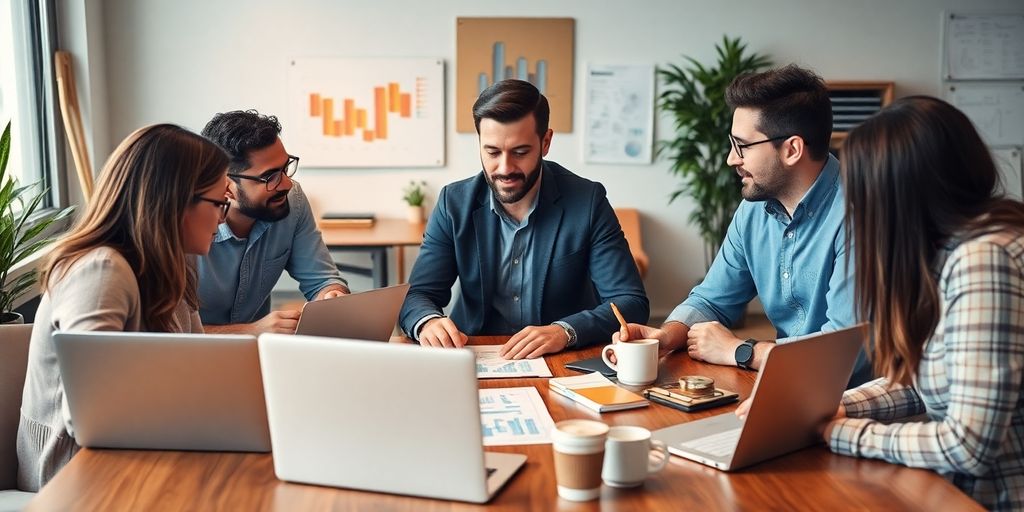 Entrepreneurs collaborating in a vibrant workspace.