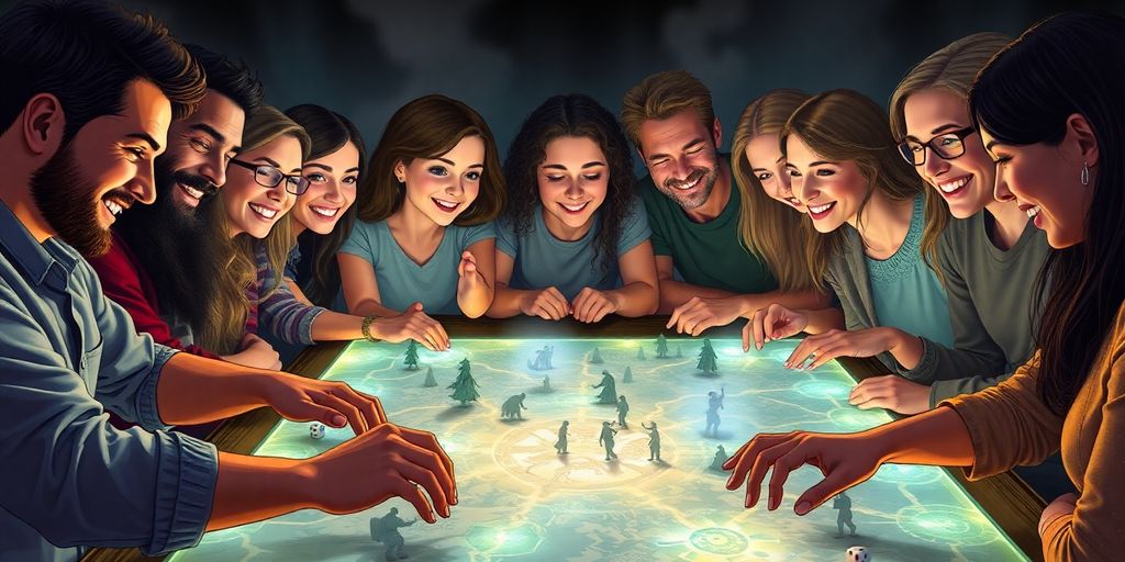 Fantasy characters in a misty forest, playing tabletop RPG.