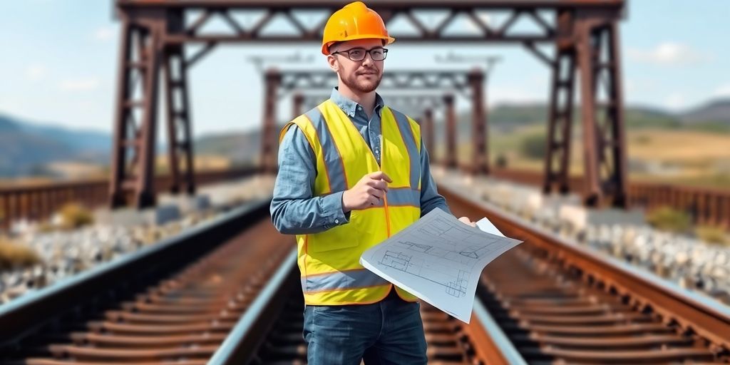 Railway civil engineer inspecting tracks.