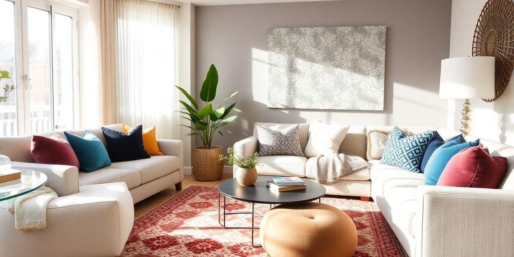 Cozy living room with diverse textures and patterns.