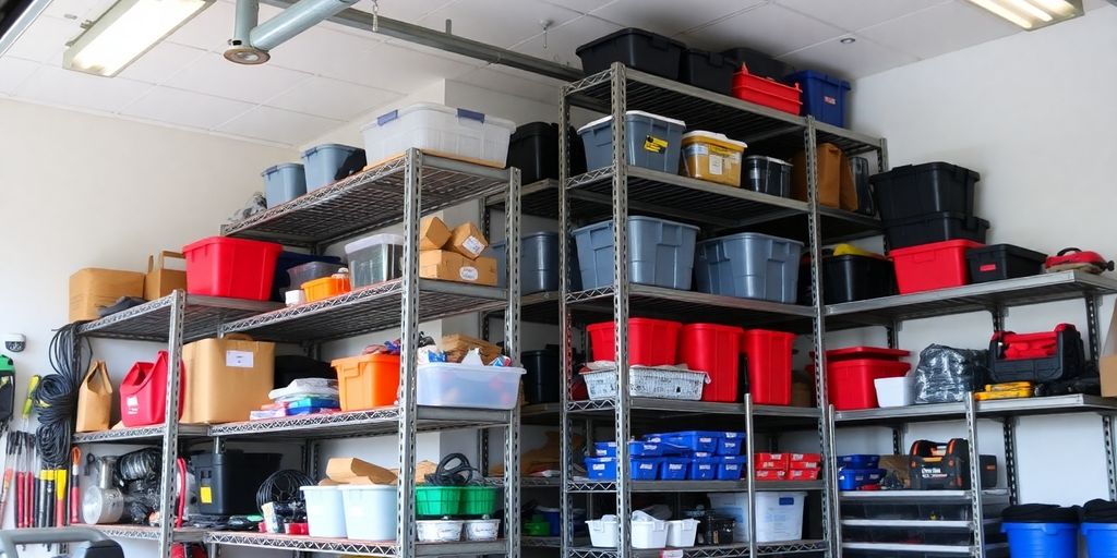 Organized garage with sturdy shelving units.