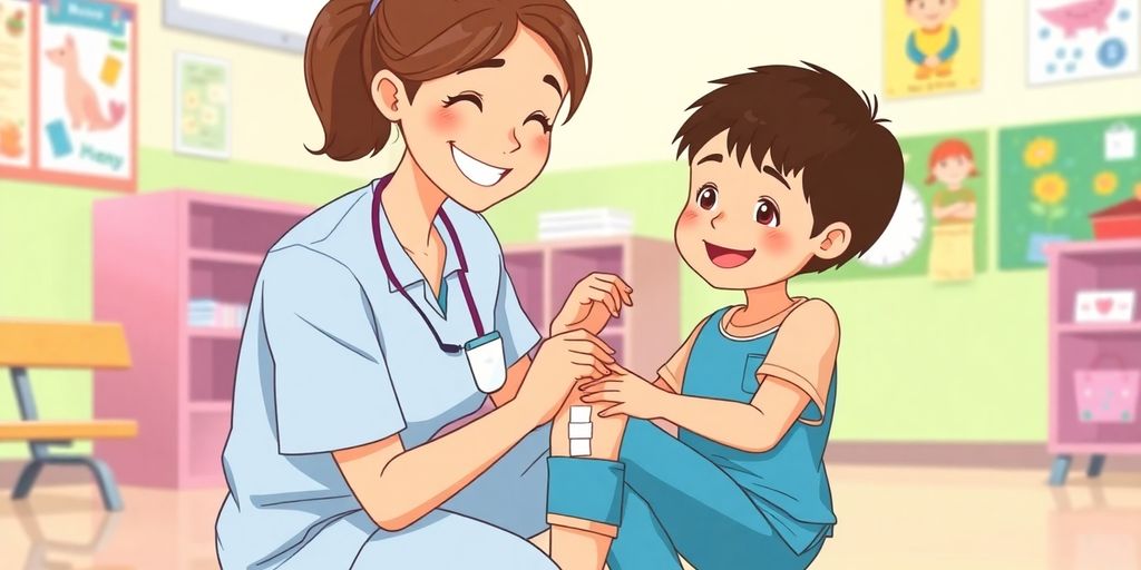 Nurse helping a student with a bandage