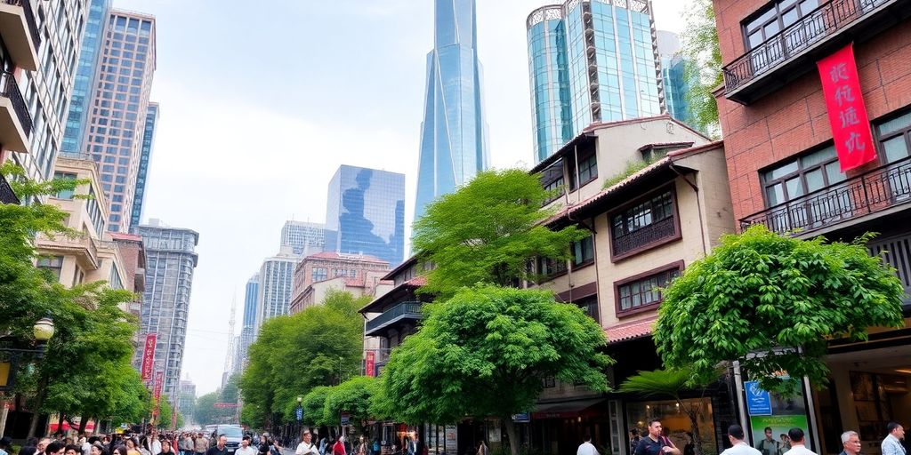 Vibrant street scene in Huangpu District, Shanghai.