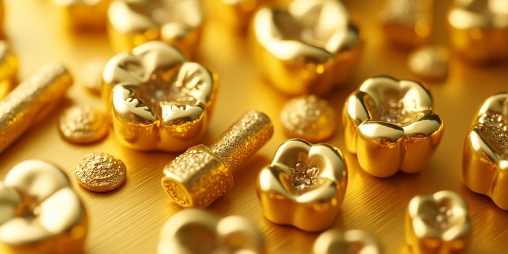 Différents types d'or dentaire sur un fond neutre.