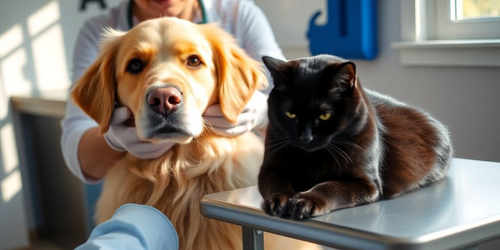 Happy dog and cat with a veterinarian.