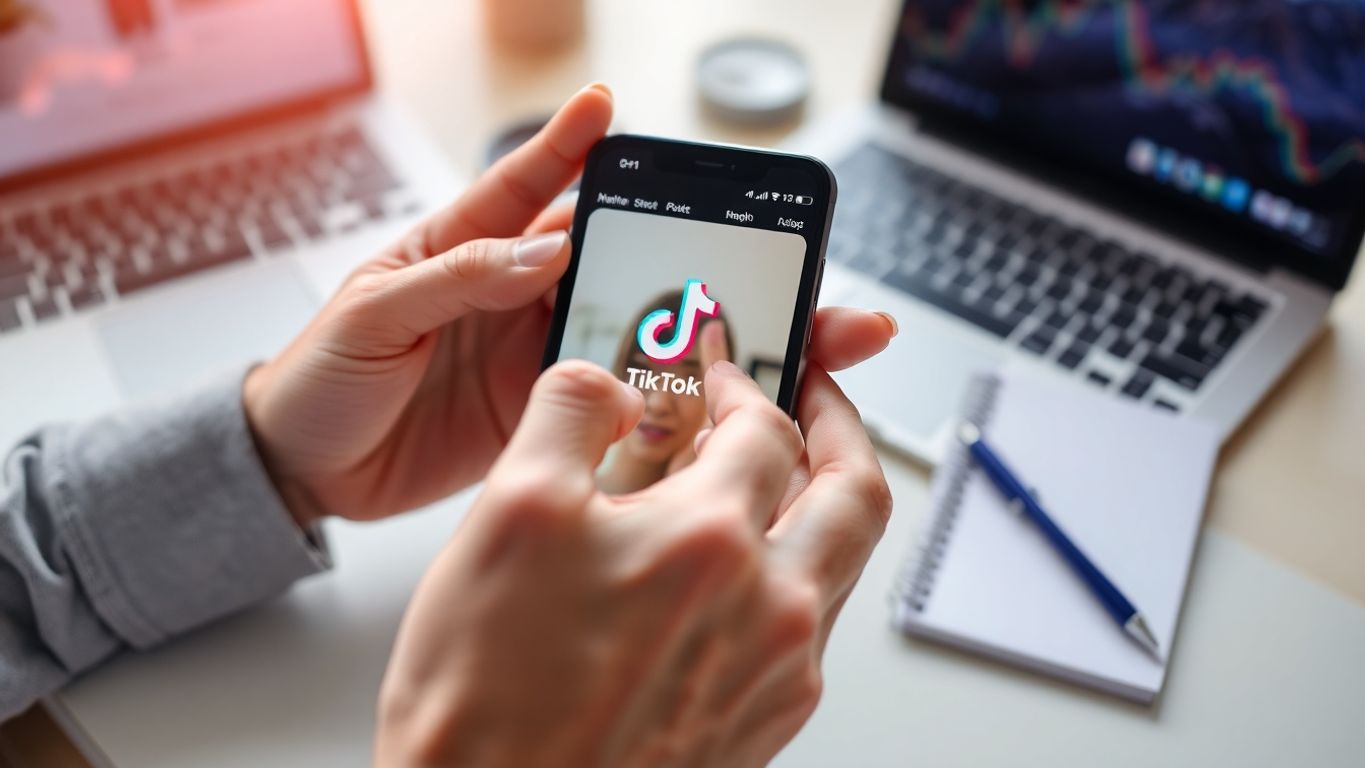 Smartphone displaying TikTok app in a workspace environment.