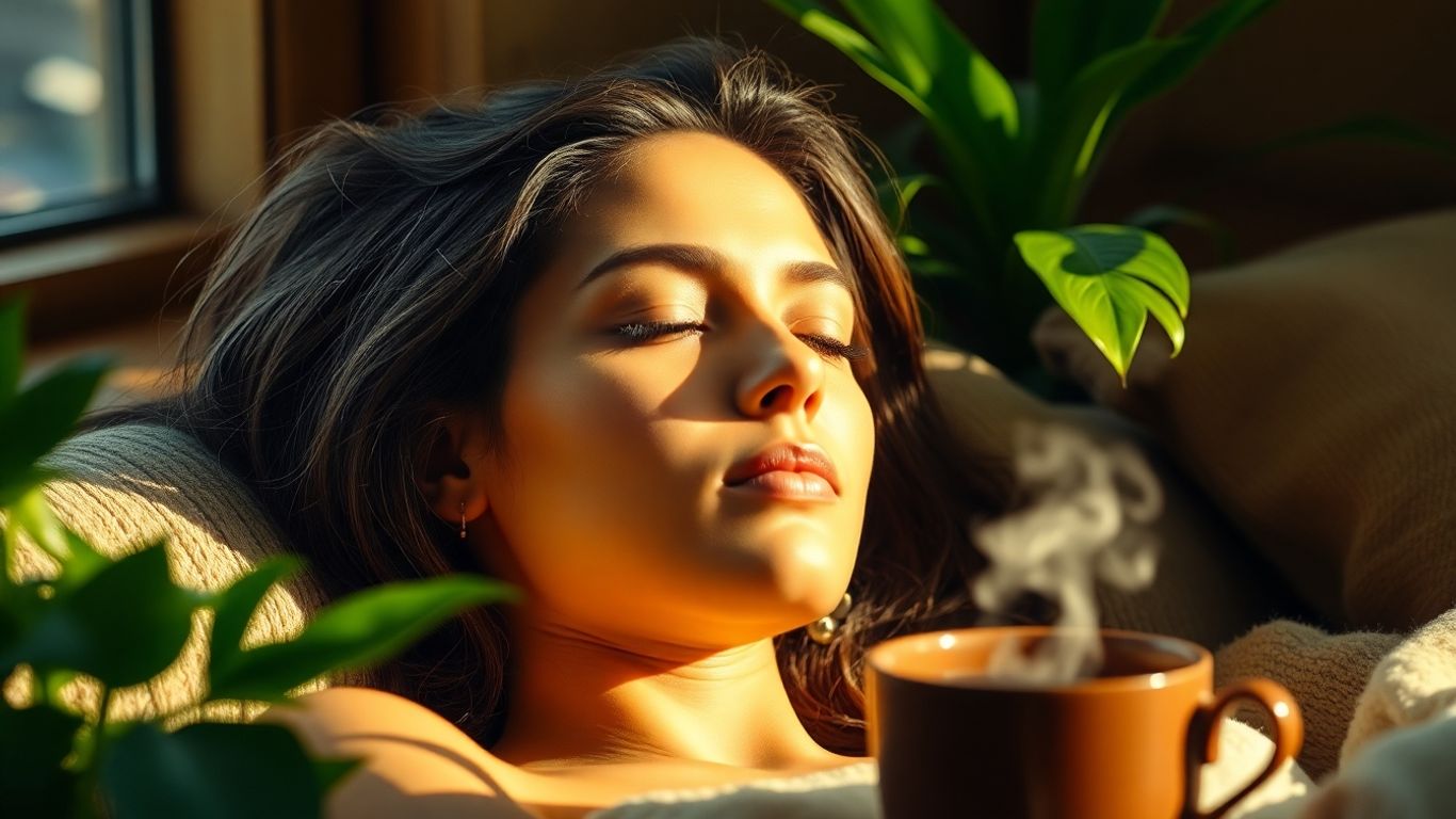 Woman relaxing peacefully with eyes closed amidst nature.