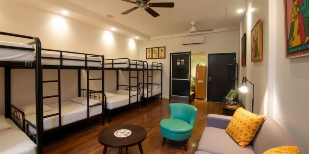 Bright and inviting Manila hostel room with bunk beds.