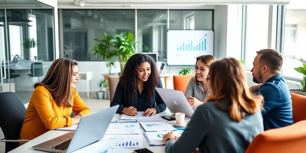 Team collaborating in an office for ecommerce marketing strategy.