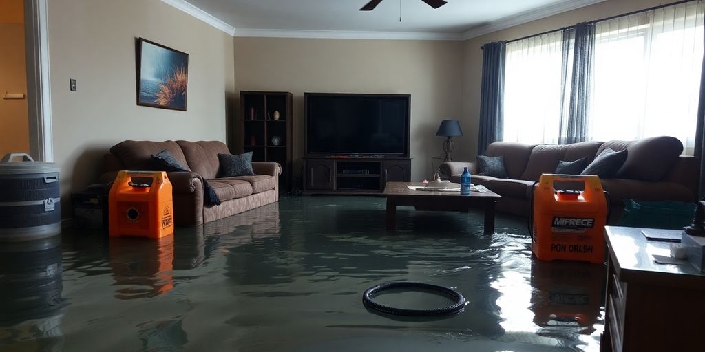 Flooded living room with water damage restoration equipment.