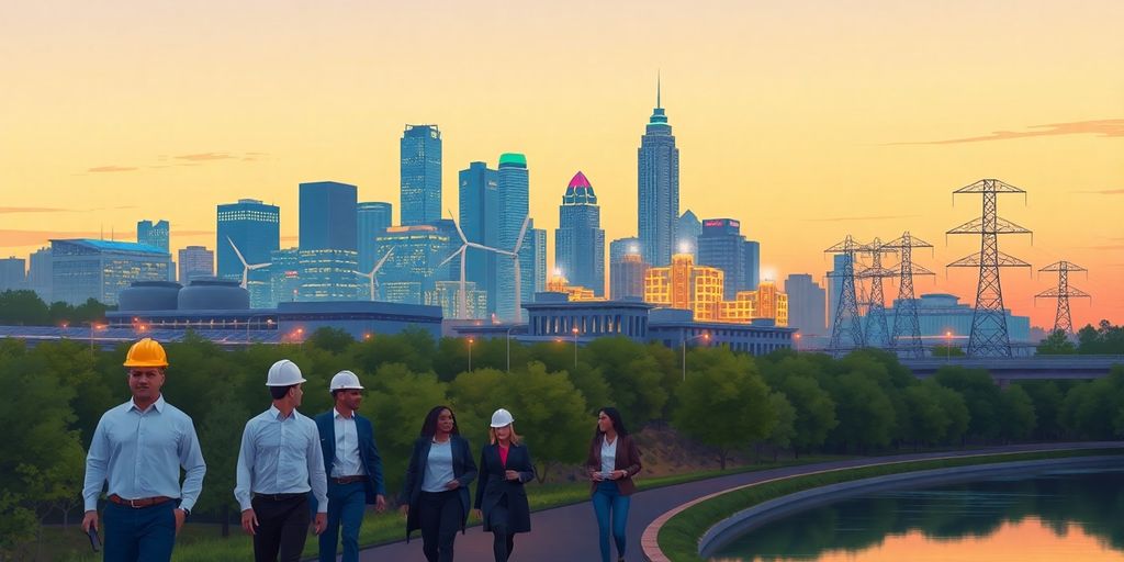 Illustration of Atlanta skyline with power plant and walking workers