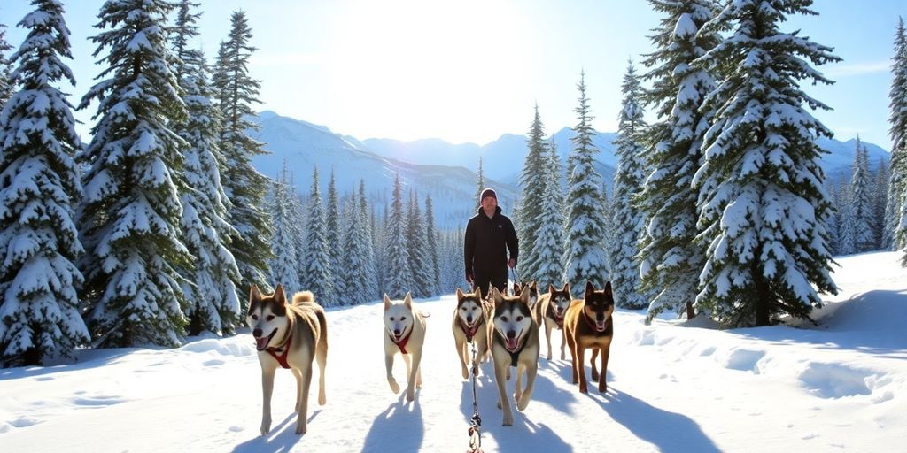 A team of husky dogs pulling a sled through snow.