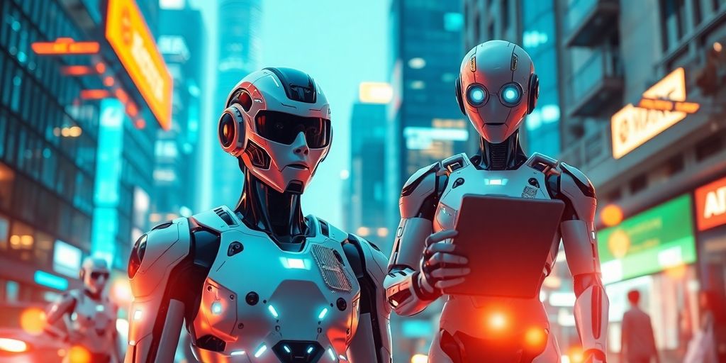 Futuristic cityscape with humanoid robots and digital interfaces.