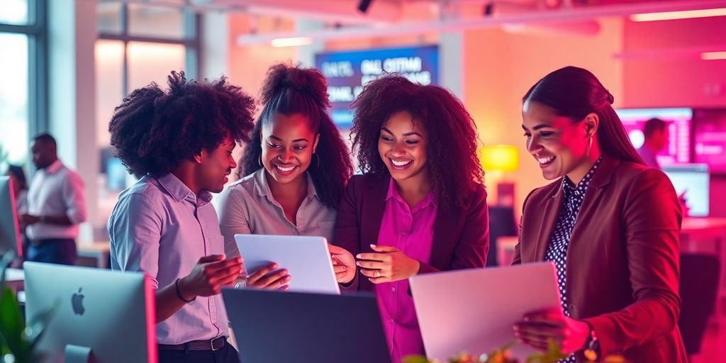 Grupo diverso de profissionais usando tecnologia no trabalho.