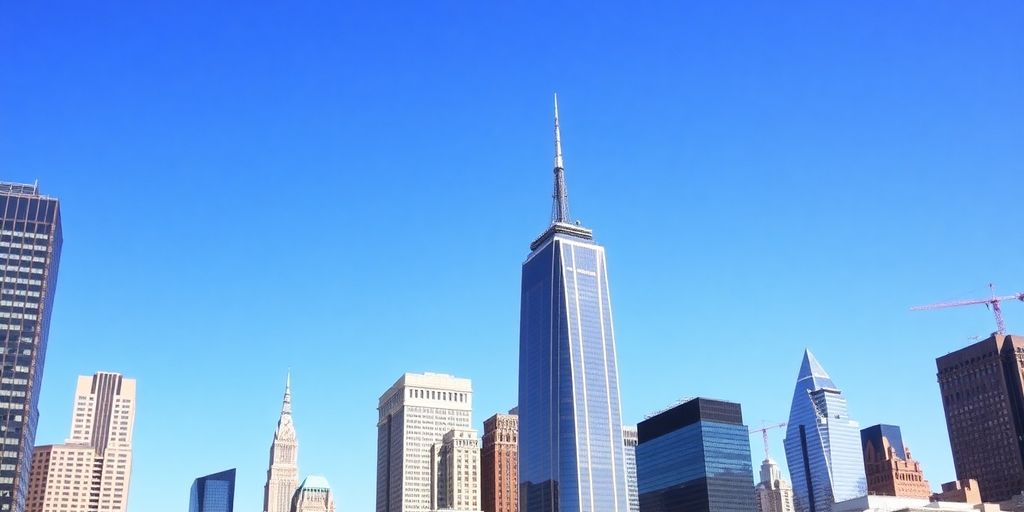 New York City skyline highlighting financial buildings.