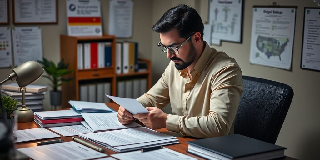 Professional translator at work with multilingual documents.