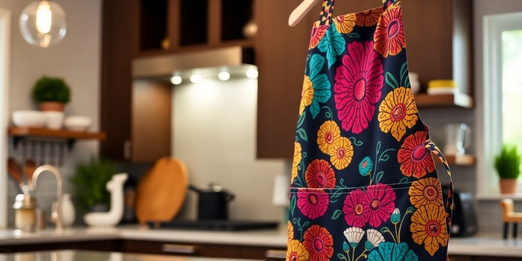 Fashionable customized apron in a stylish kitchen setting.