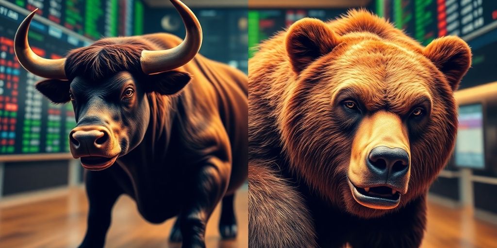 Bull and bear in dynamic poses on a trading floor.