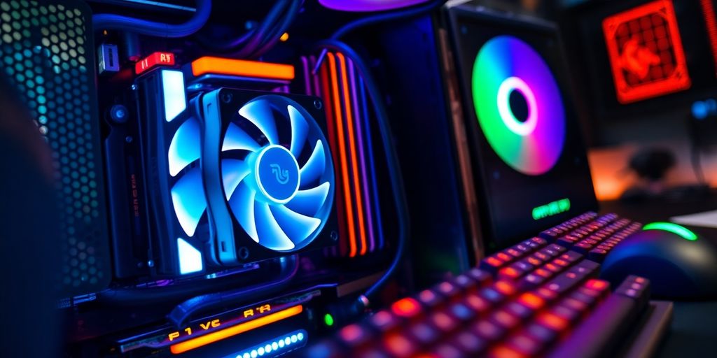 Leuchtende Gaming-PC-Komponenten mit Zubehör.