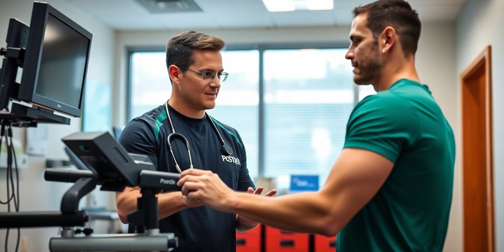 Profissional de medicina esportiva avaliando atleta em clínica.
