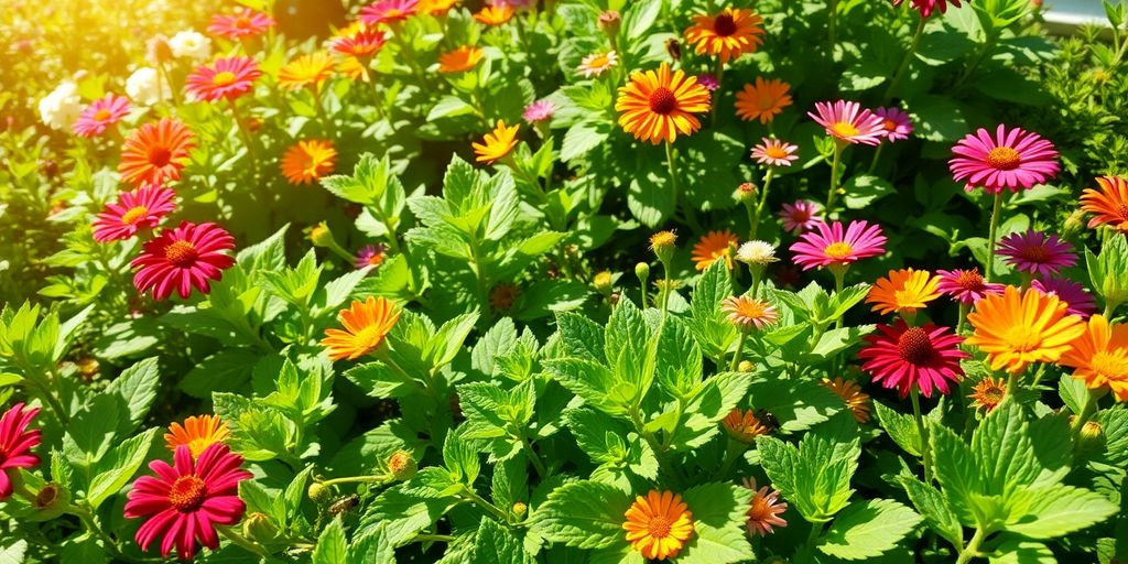 Healthy garden plants with beneficial insects and flowers.