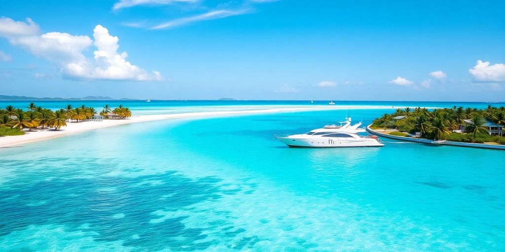 Anegada island, serene Caribbean beach scene with a yacht.
