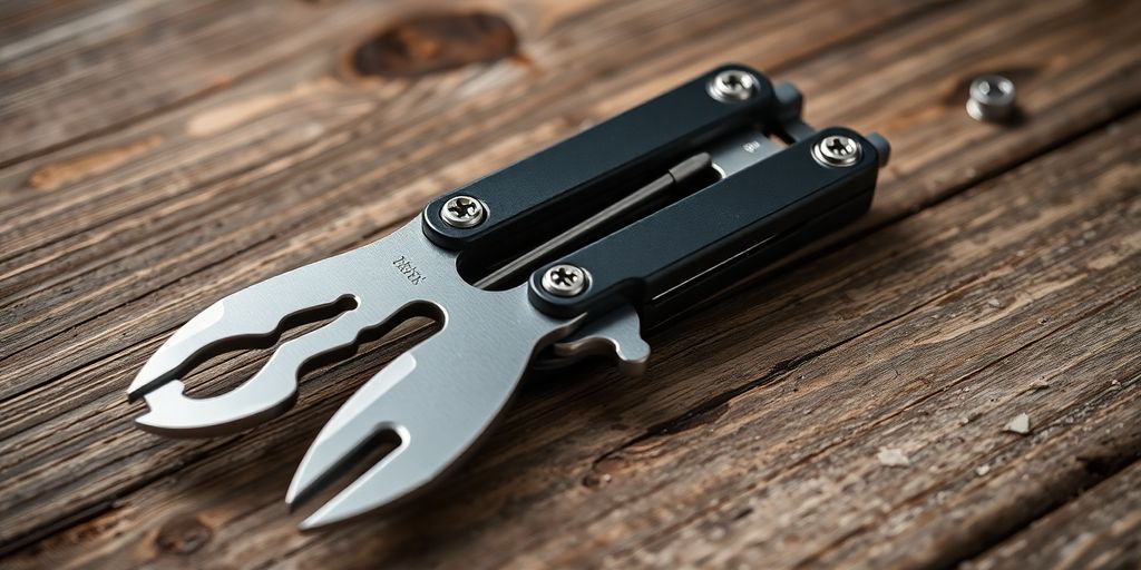 Multitool mit verschiedenen Werkzeugen auf einem Holztisch.