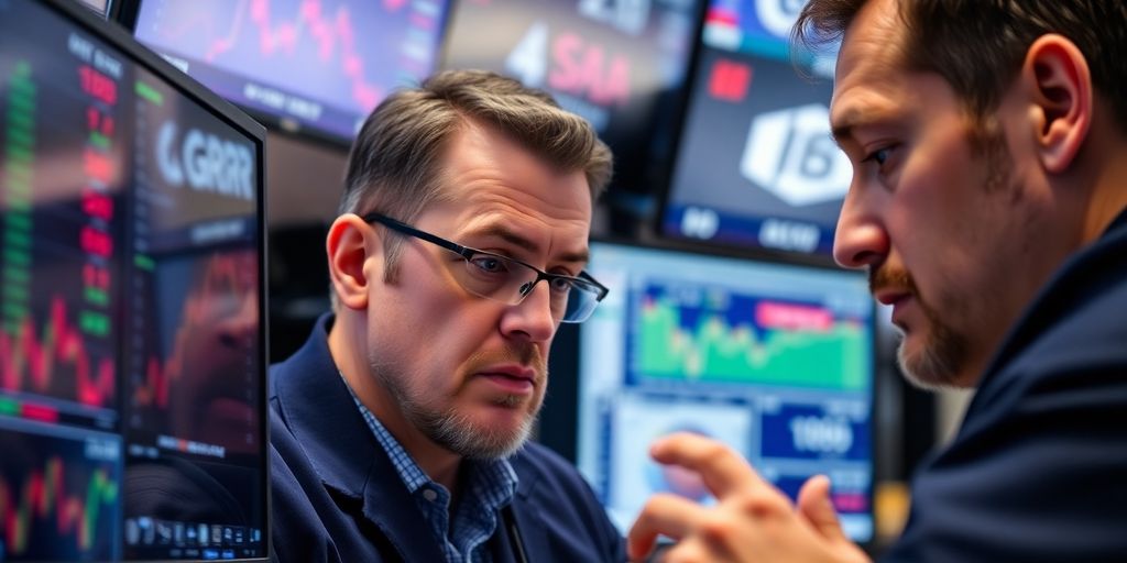 Trader examining stock data with focused expression and screens.