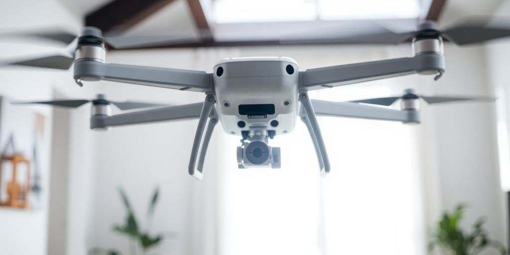 Cleaning drone hovering in a tidy room.