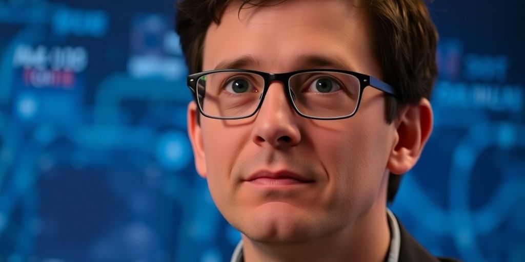 Demis Hassabis portrait in a tech-inspired setting.