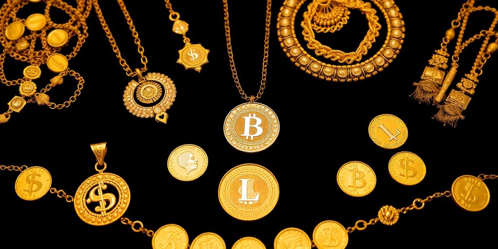 Bijoux en or et pièces sur un fond en velours.