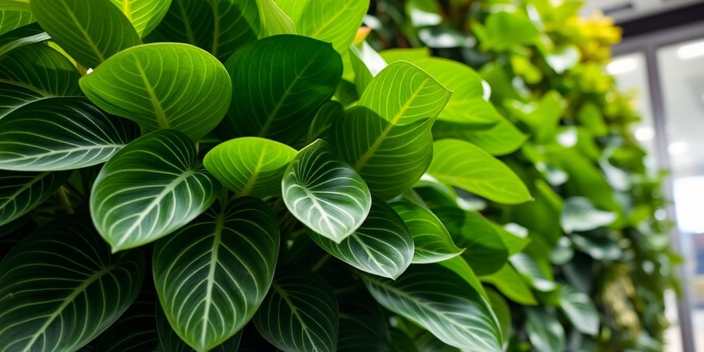 Calathea orbifolia en jardín vertical, interior oficina
