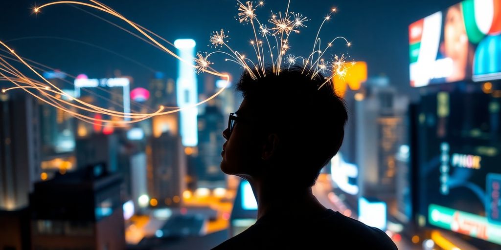 Person observing a city skyline with ideas forming.