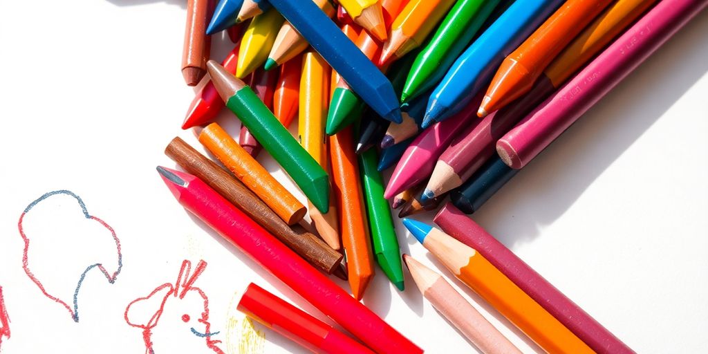 Colorful crayons, markers, and paper with a child's drawing.