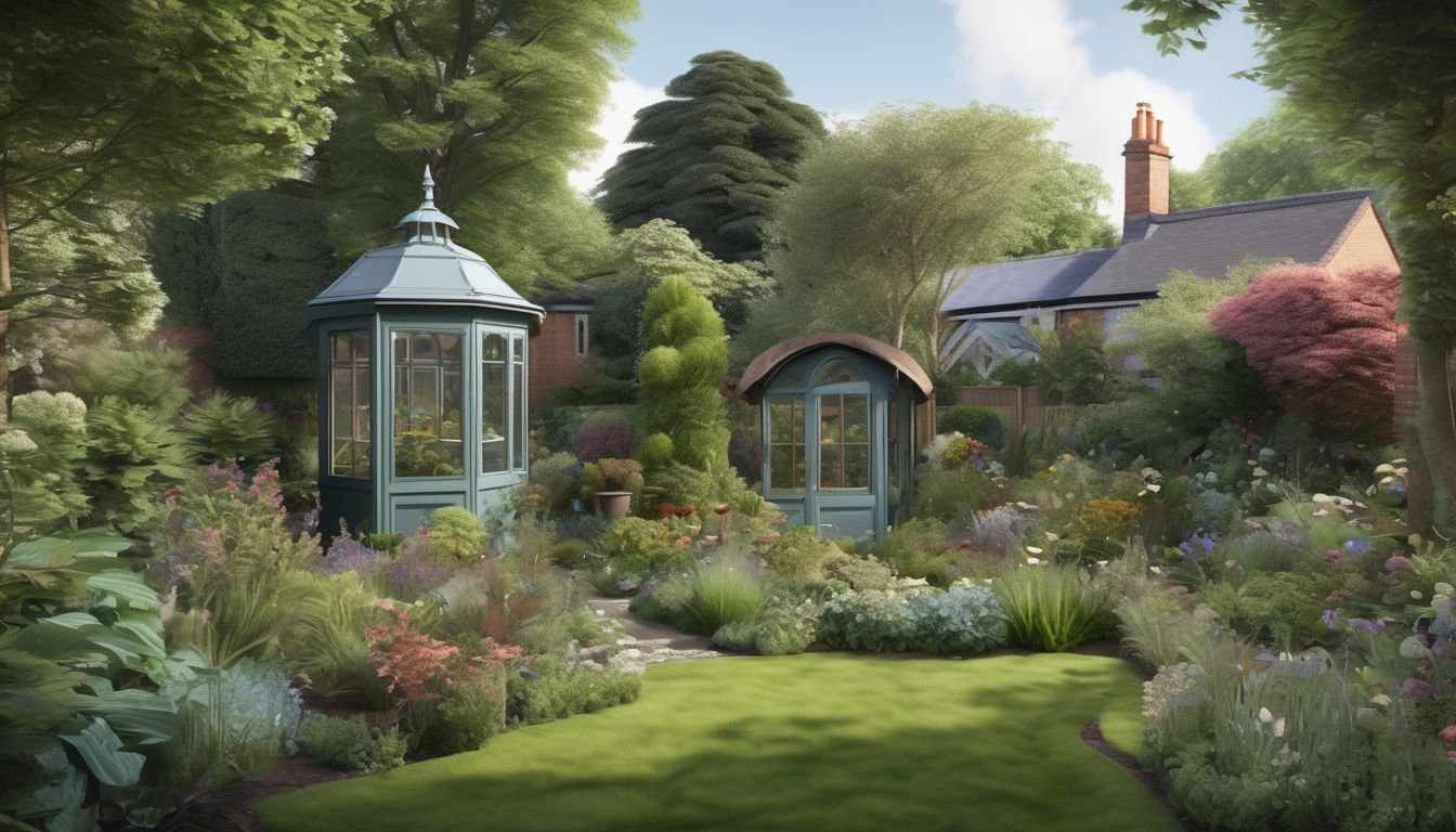 British garden with bird habitats