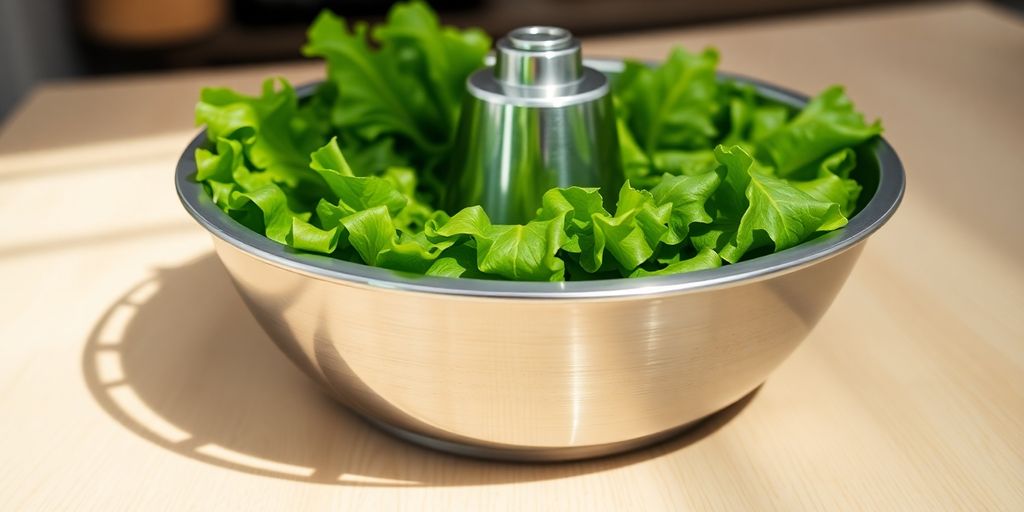 Edelstahl Salatschleuder mit frischem grünem Salat