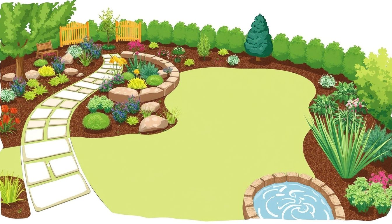 Illustrative garden with plants and pathways