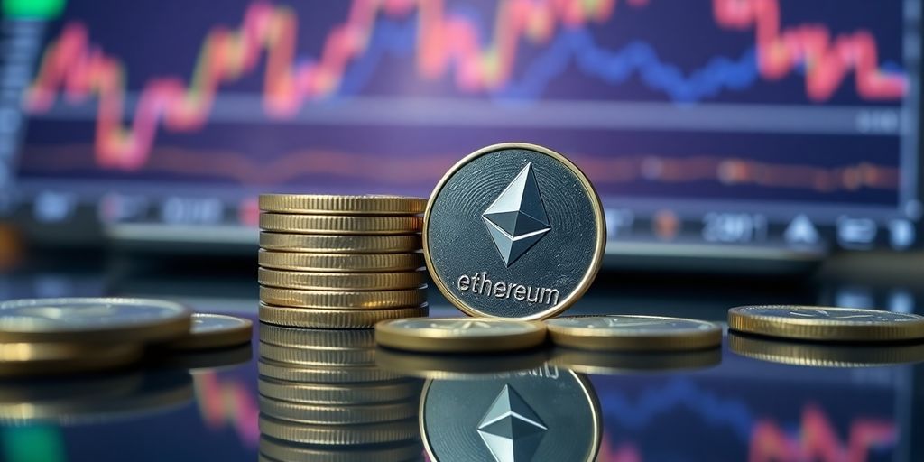 Close-up of Ethereum coins on a reflective surface.