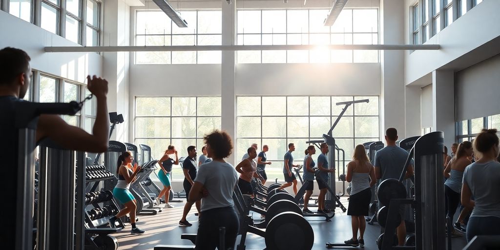 Gym equipment and people working out.