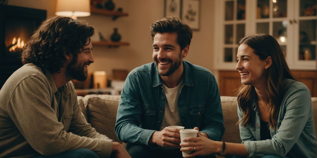 Three friends chatting and laughing in a living room.