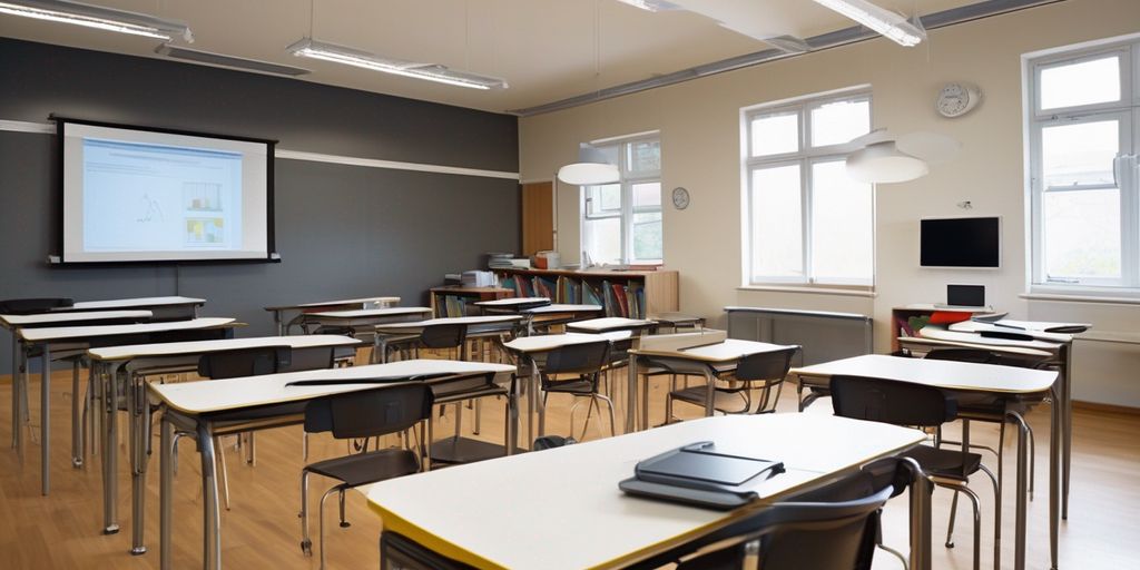 modern classroom with digital devices and interactive e-learning tools