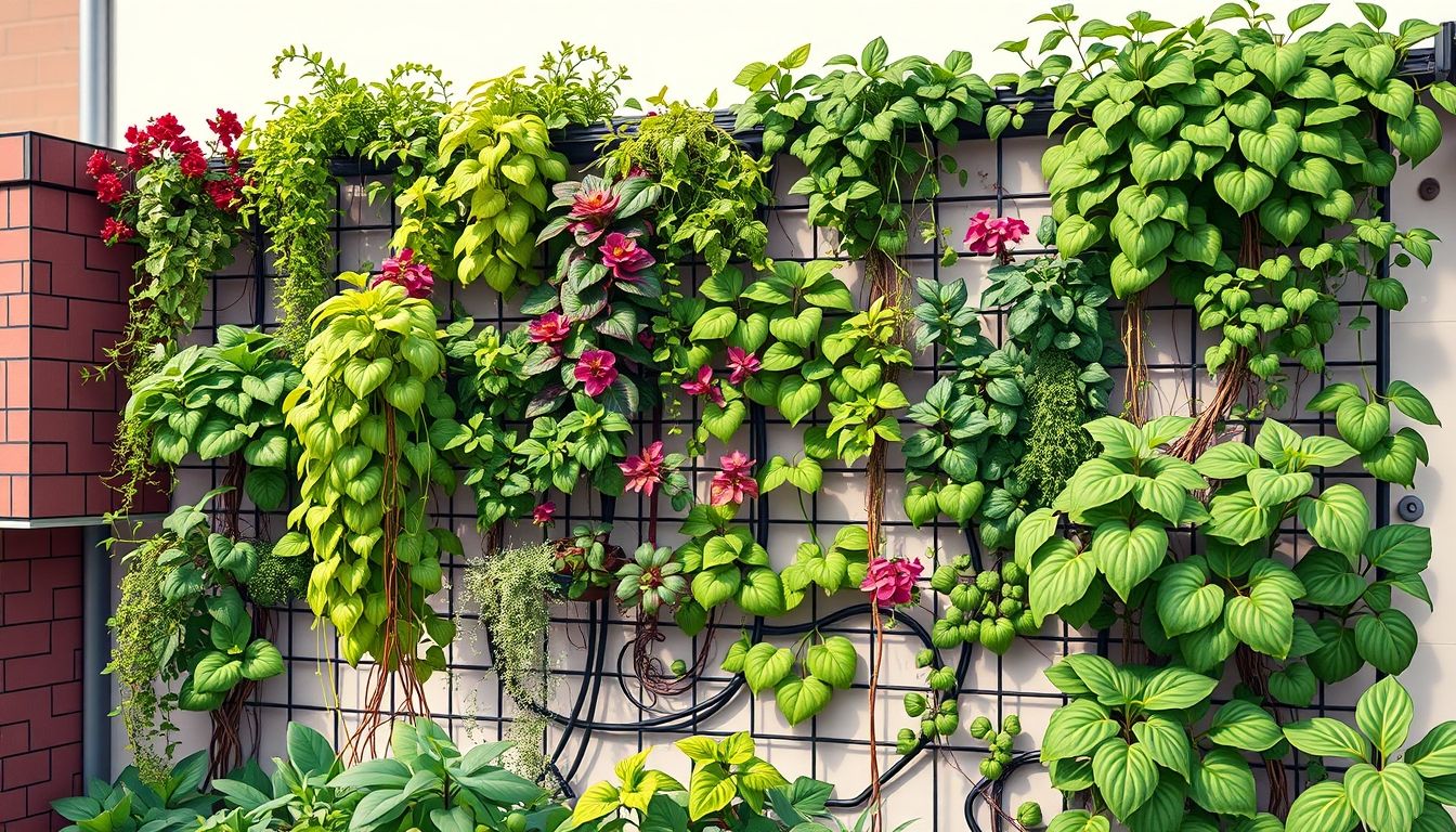 Lush vertical garden with various plants on a wall