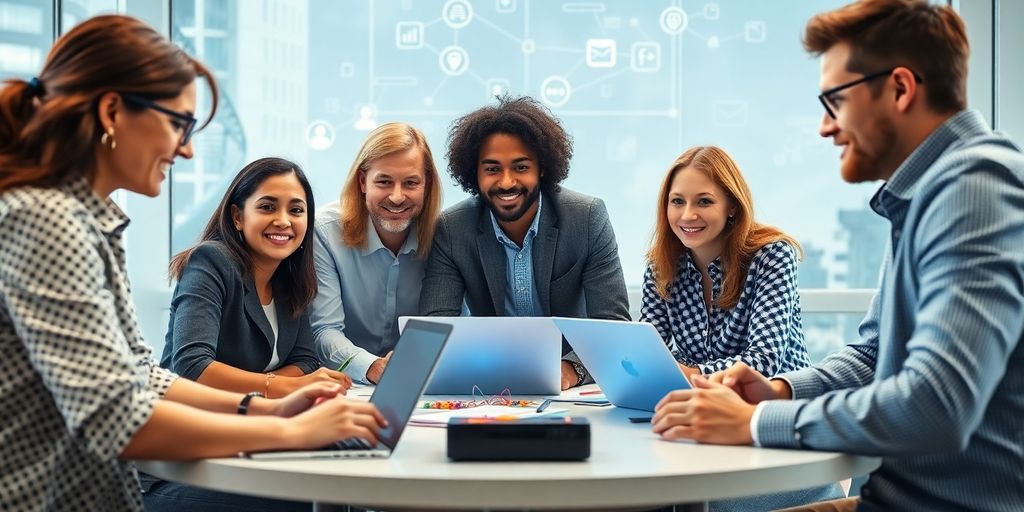 Diverse leaders collaborating in a modern, innovative workspace.