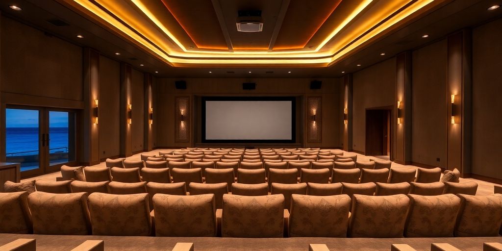 Spacious villa cinema room with plush seating.