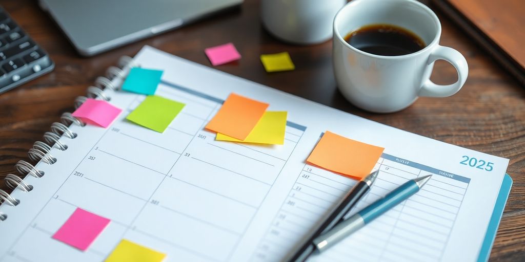 Nahaufnahme eines Planers mit bunten Haftnotizen.