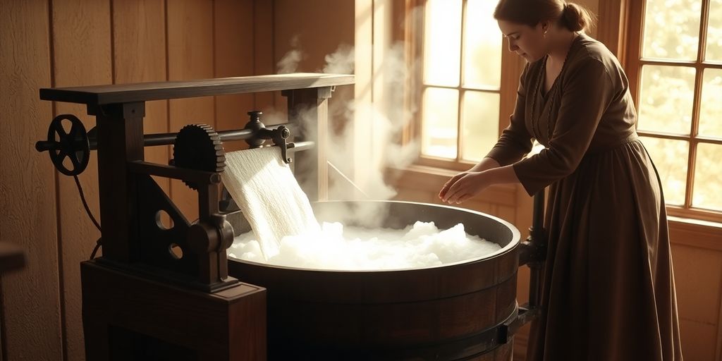 Vintage wooden hand-crank washing machine with sudsy clothes and steam.