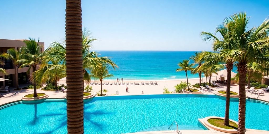 Luxury resort pool with ocean view.