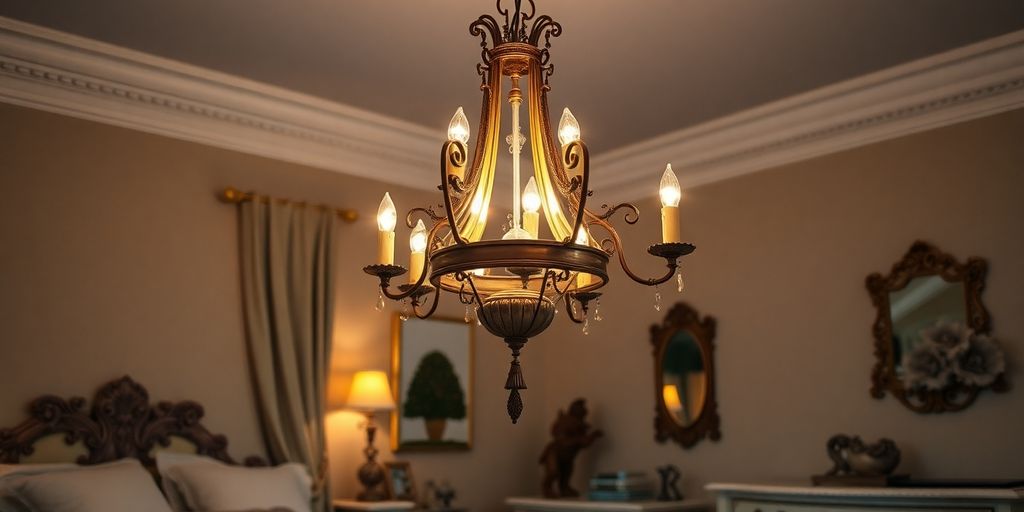 Vintage chandelier illuminating a cozy bedroom setting.